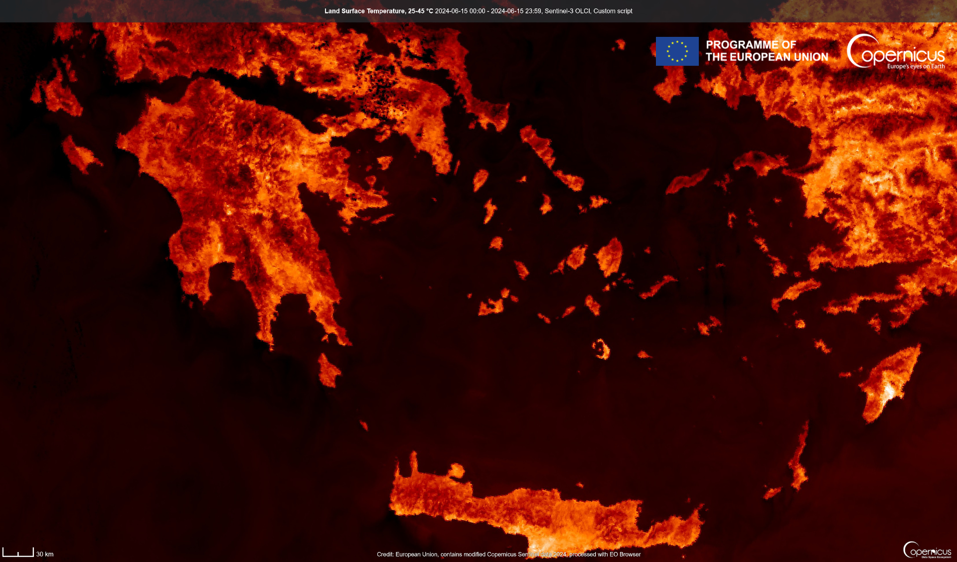 Land Surface Temperature, 25-45 European Union, Copernicus Sentinel-3